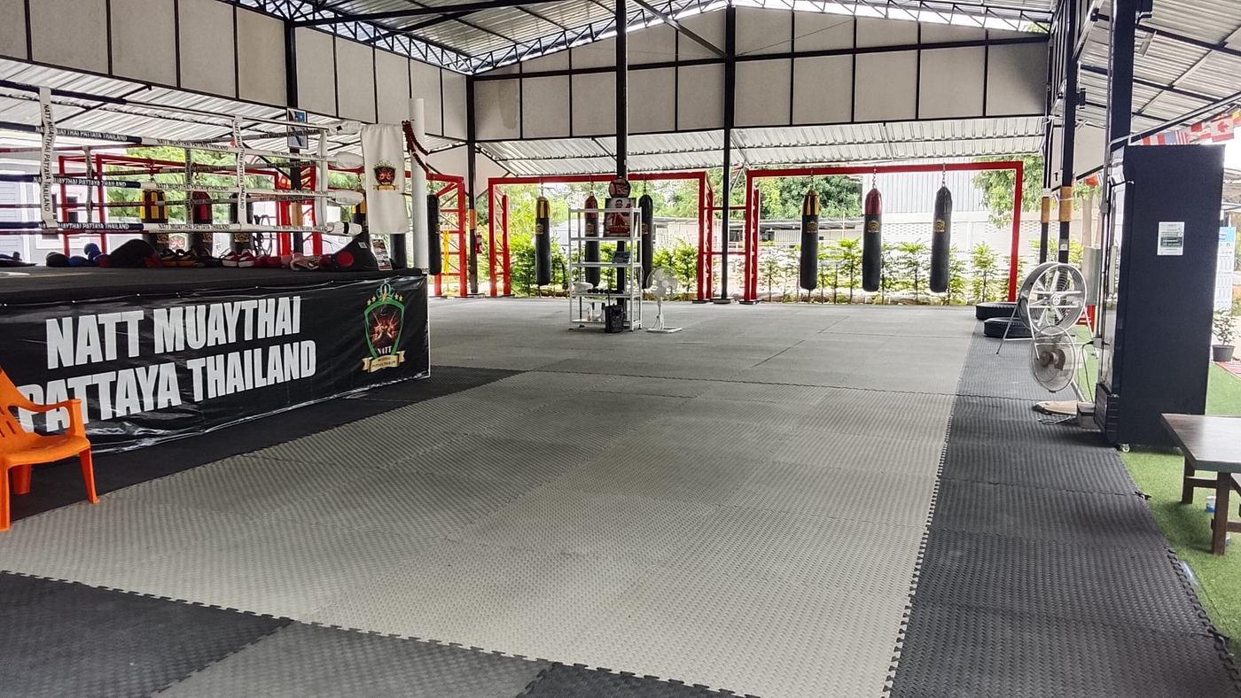 The training hall: the ring on the left, a row of heavy bags on the right, matted floor between them.