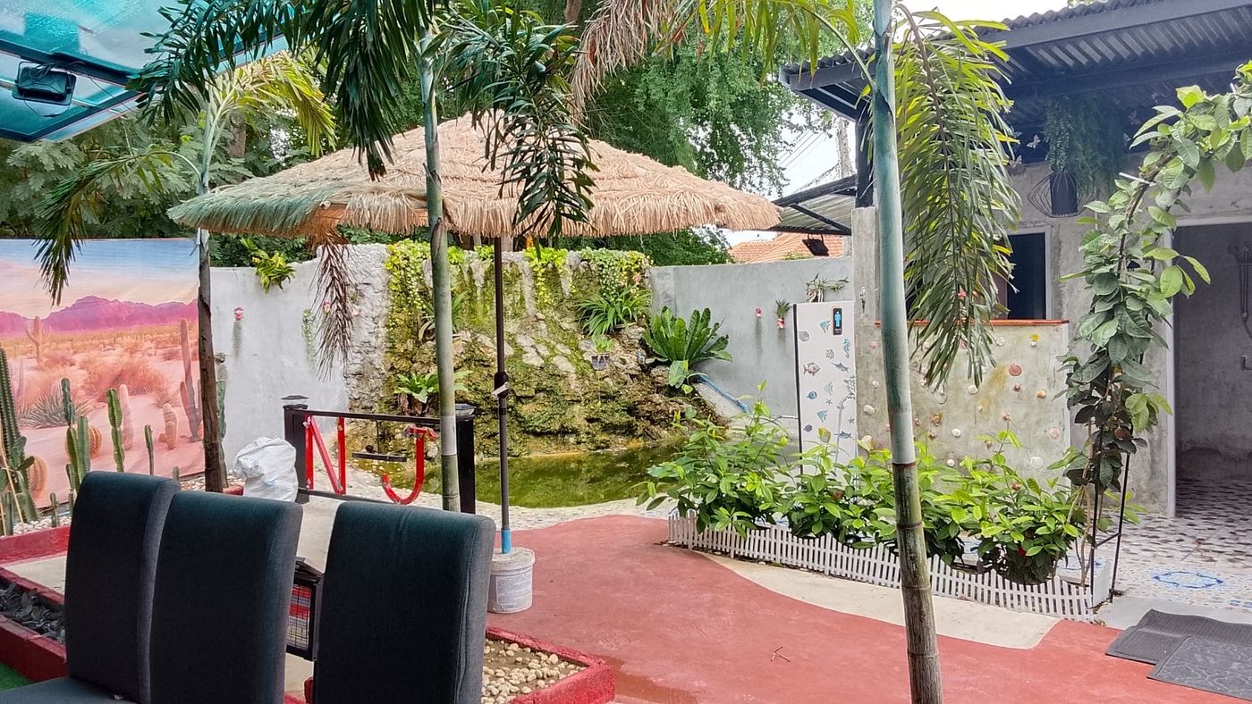 The garden at the back: a thatched umbrella, a water feature and painted walls.