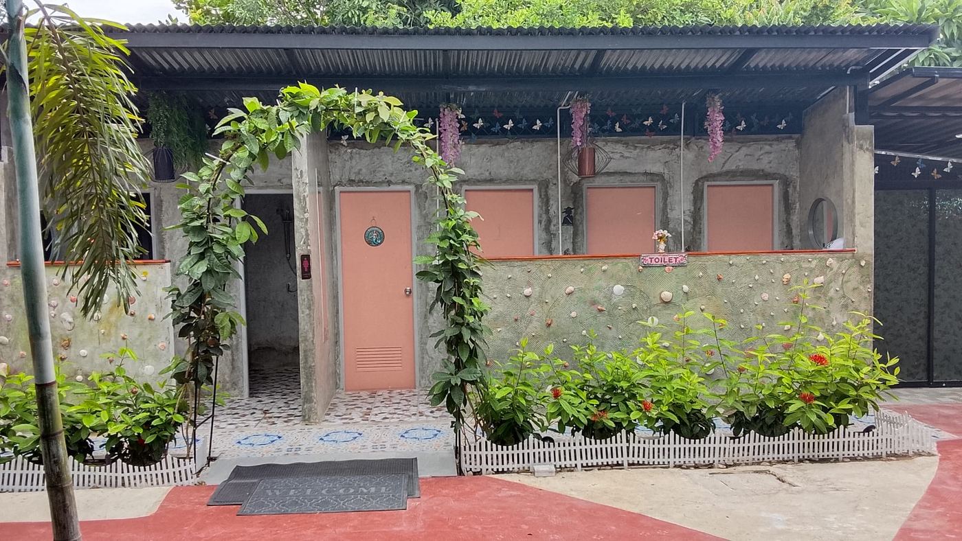 The washroom block: four doors under a corrugated roof, with a shell-studded wall and planting.